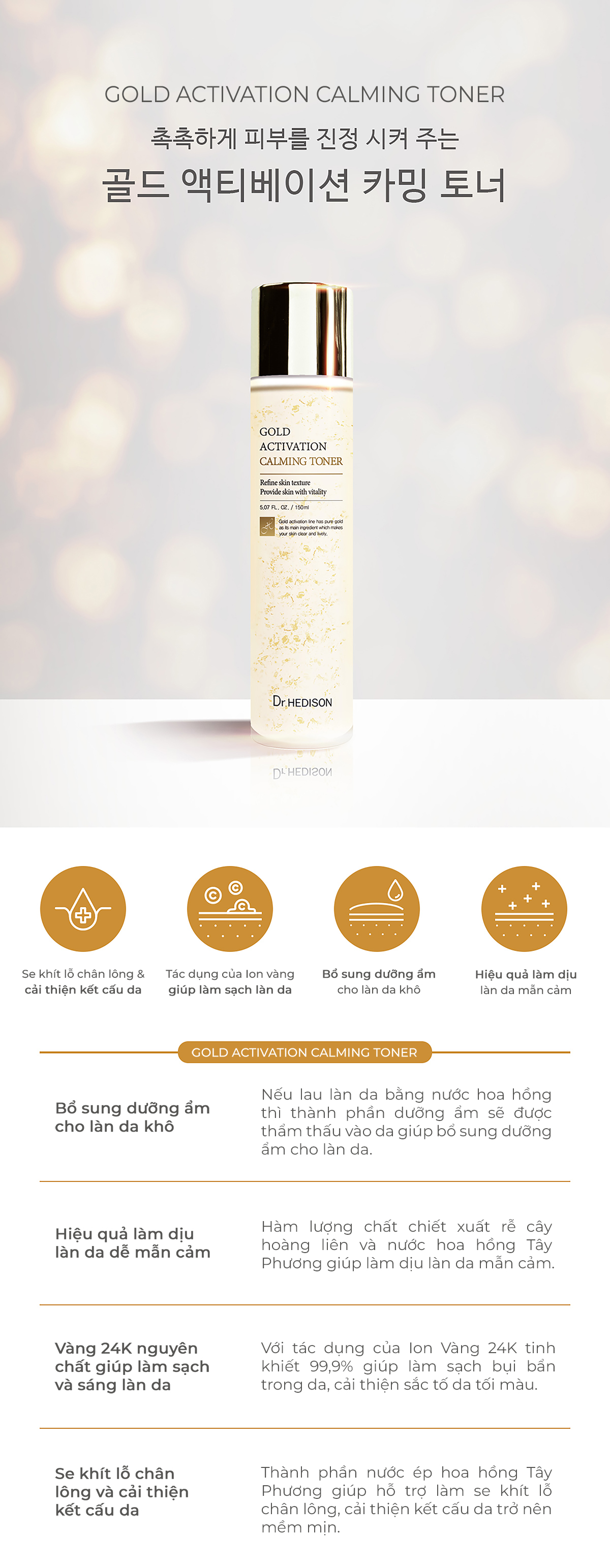 Nước hoa hồng Gold Activation Calming Toner (150ml-500ml)