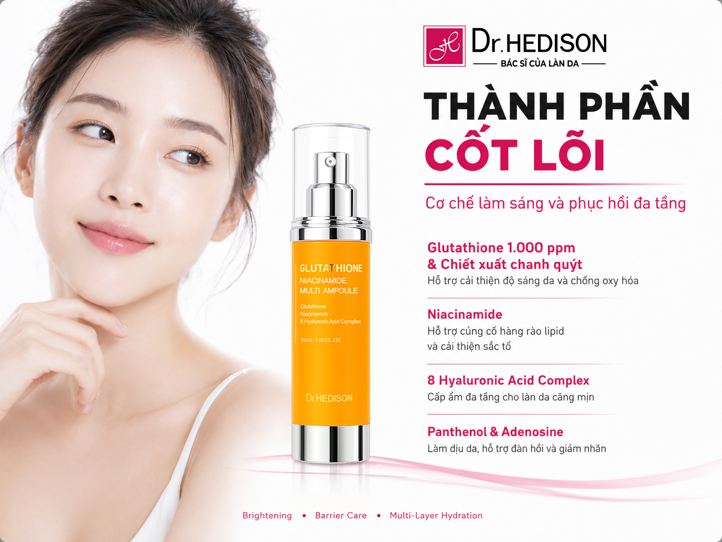 TINH CHẤT HỖ TRỢ DA SÁNG MỊN, SĂN CHẮC Dr.HEDISON GLUTATHIONE NIACINAMIDE MULTI AMPOULE 