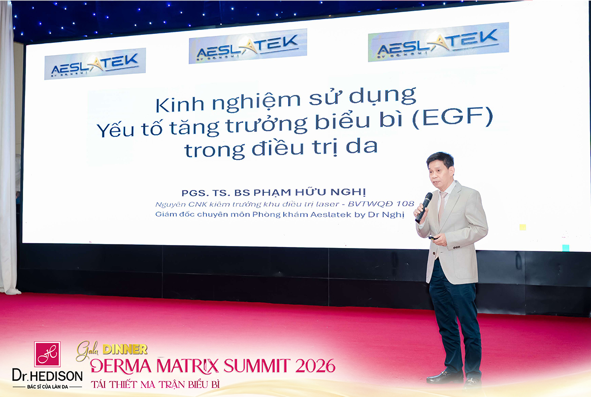 PGS.TS.BS Phạm Hữu Nghị báo cáo chuyên đề về yếu tố tăng trưởng biểu bì EGF tại Derma Matrix Summit 2026