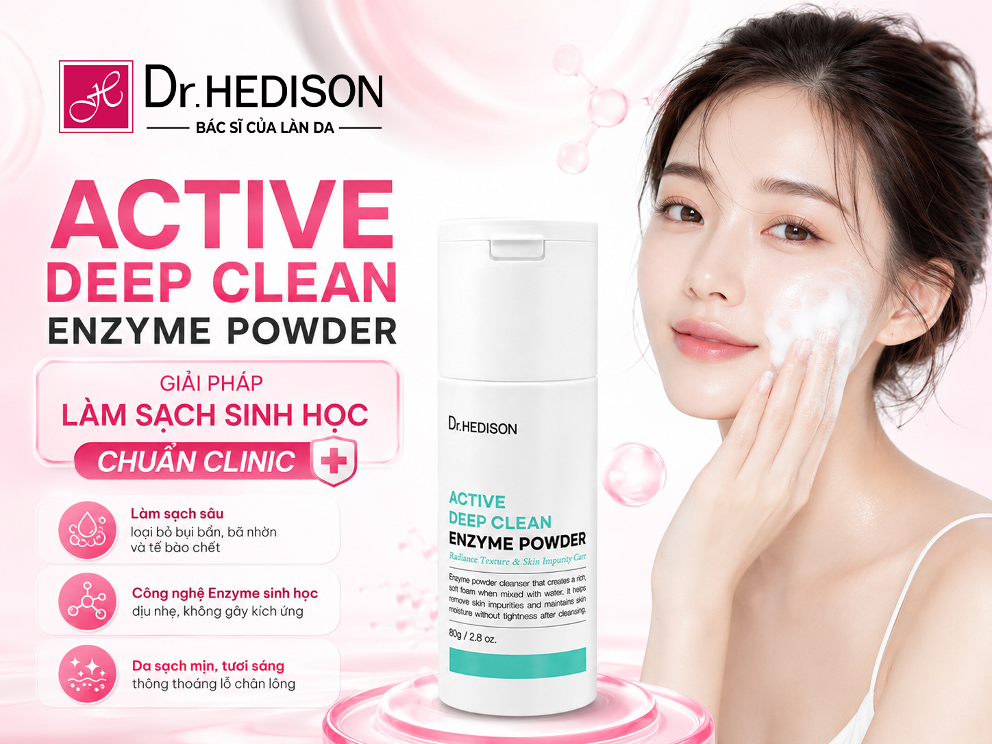 Dr.HEDISON, Active Deep Clean Enzyme Powder, bột rửa mặt enzyme, tẩy tế bào chết sinh học, làm sạch sâu, dược mỹ phẩm Hàn Quốc, chăm sóc da clinic, phục hồi da treatment