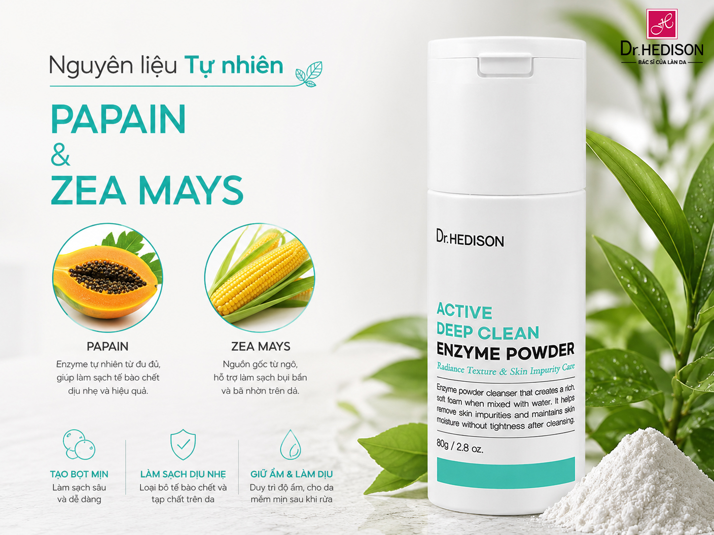 Dr.HEDISON, Active Deep Clean Enzyme Powder, bột rửa mặt enzyme, tẩy tế bào chết sinh học, làm sạch sâu, dược mỹ phẩm Hàn Quốc, chăm sóc da clinic, phục hồi da treatment