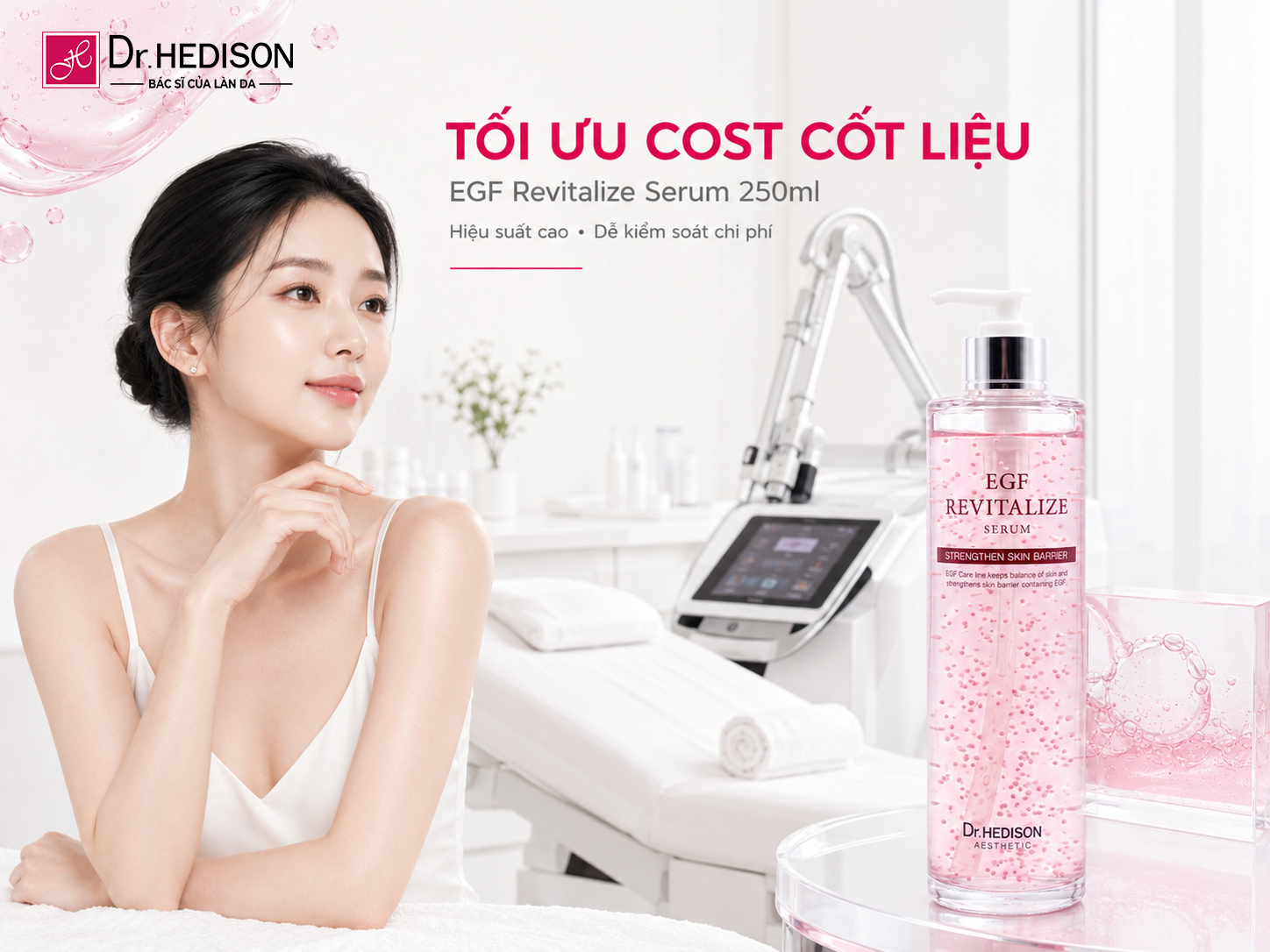 Đầu tư vào công nghệ cao là cách Spa/Clinic thu hút khách hàng, nhưng việc lựa chọn đúng dòng dược mỹ phẩm hỗ trợ phục hồi sau laser mới là chìa khóa giữ chân khách hàng và tối ưu hóa biên độ lợi nhuận. Cùng tìm hiểu chiến lược ứng dụng hệ sinh thái Dr.HEDISON EGF để gia tăng doanh thu bền vững cho cơ sở của bạn. Dr.HEDISON EGF Revitalize Serum  